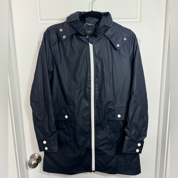 J.Crew Navy Hooded Raincoat Women’s S Water-Resistant Jacket - Picture 1 of 8